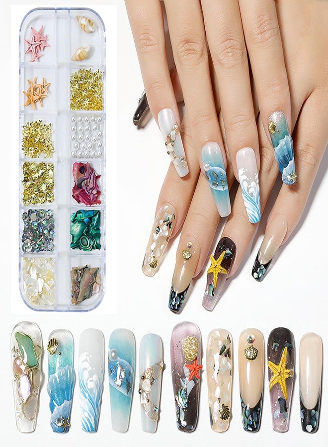 TBRZTR 12 Grids Gold Metal Starfish Shell Nail Studs 3D Mix Conch Pearl Shell Nail Art Glitter Flakes Decorations Set Multiple Shapes Rivet Jewelry Accessories for Women Manicure Supplies DIY Crafts Sequins - Image 1